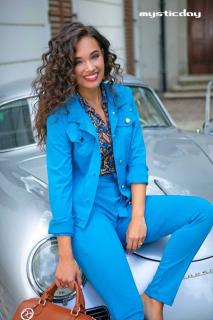 Mystic Day farmerdzseki szabású rugalmas puntó anyagú kék dzseki, arany színű gombokkal - Md23-57-1