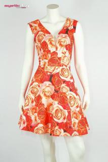 Mystic Day tüllel összefogott hasított dekoltázsú, korallos-narancs rózsamintás ujjatlan loknis alkalmi ruha, tüll szegélyes szatén alsószoknyával - Md21-99