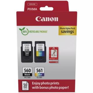 Canon PG-560, CL-561 fekete és színes eredeti patron (2 db/csomag) + 50 db 10x15-ös GP501 fotópapír | Canon PIXMA TS5300, TS7400 nyomtatósorozatokhoz |