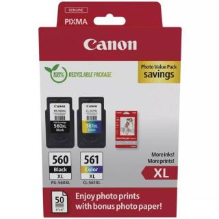 Canon PG-560XL, CL-561XL fekete és színes nagy kapacitású eredeti patron (2 db/csomag) + 50 db 10x15-ös GP501 fotópapír | Canon PIXMA TS5300, TS7400 nyomtatósorozatokhoz |