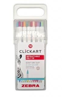 Filctoll készlet, nyomógombos, 0,6 mm, ZEBRA "Clickart" 12 különbözõ pasztell szín (12 db)