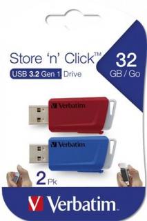 Pendrive, 2 x 32GB, USB 3.2, 80/25MB/sec, VERBATIM "Store n Click", piros, kék (2 db)