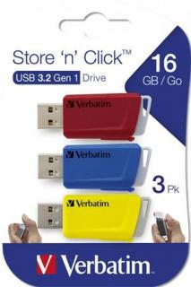 Pendrive, 3 x 16GB, USB 3.2, 80/25MB/sec, VERBATIM "Store n Click", piros, kék, sárga (3 db)