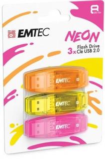 Pendrive, 8GB, 3 db, USB 2.0, EMTEC "C410 Neon", narancs, citromsárga, rózsaszín (3 db)