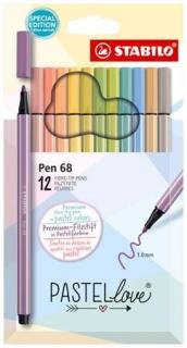Rostirón készlet, 1 mm, STABILO "Pen 68 Pastellove", 12 különbözõ szín (12 db)