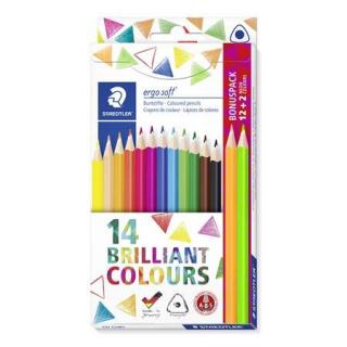Színes ceruza készlet, háromszögletû, ajándék 2 db színes ceruzával, STAEDTLER "Ergo Soft", 14 különbözõ szín (14 db)