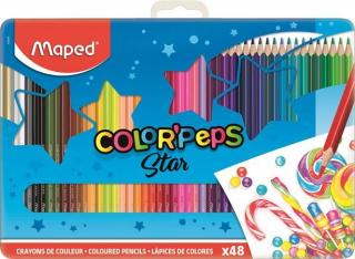 Színes ceruza készlet, háromszögletû, fém doboz, MAPED "Color`Peps Star", 48 különbözõ szín (48 db)