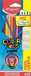 Színes ceruza készlet, háromszögletû, MAPED, "Color`Peps Strong" 12 különbözõ szín + 12 ajándék matrica (12 db)