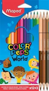 Színes ceruza készlet, háromszögletû, MAPED "Color`Peps World", 12 különbözõ szín + 3 kétvégû bõrtónus ceruza (15 db)