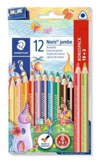 Színes ceruza készlet, háromszögletû, vastag, hegyezõvel, STAEDTLER "Noris® Jumbo 128", 10+2 különbözõ szín (12 db)