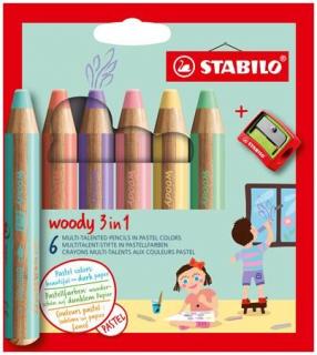 Színes ceruza készlet, kerek, vastag, STABILO "Woody 3 in 1 Pastel", 6 különbözõ pasztell szín (6 db)