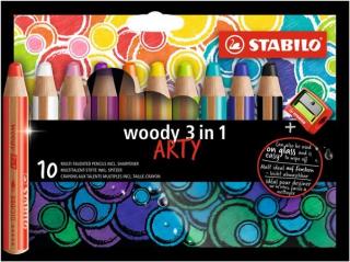 Színes ceruza készlet, kerek, vastag, STABILO "Woody ARTY 3 in 1", 10 különbözõ szín (10 db)