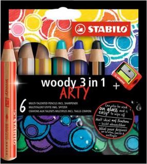 Színes ceruza készlet, kerek, vastag, STABILO "Woody ARTY 3 in 1", 6 különbözõ szín (6 db)