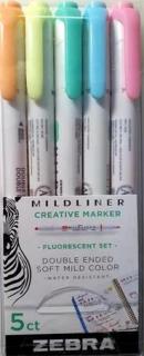 Szövegkiemelõ készlet, 1,4/4,0 mm, kétvégû, ZEBRA "Mildliner Fluorescent", 5 szín (5 db)