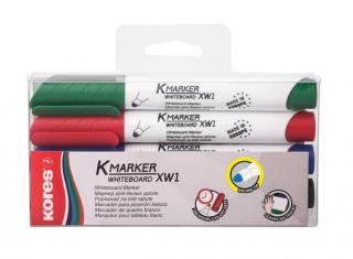 Tábla- és flipchart marker készlet, 1-3 mm, kúpos, KORES "K-Marker", 4 különbözõ szín (4 db)