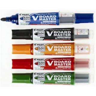 Táblamarker készlet, 2,3 mm, kúpos, tartóval és szivaccsal, PILOT "V-Board Master", 5 különbözõ szín