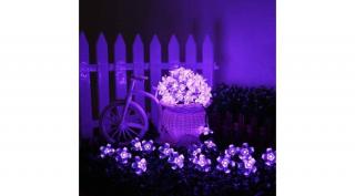 Napelemes fényfüzér, 50 LED, cseresznyefa virág design, lila Sakura, 5m, kültéri